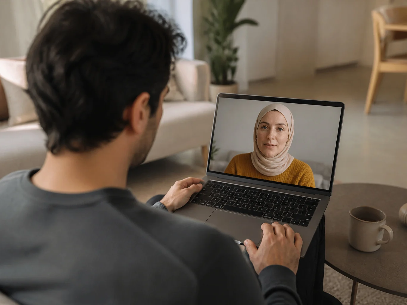 Online Psikiyatri Görüşmesi Evinden dizüstü bilgisayarla bağlanan adam ekrandaki uzmanla online görüşme gerçekleştiriyor.