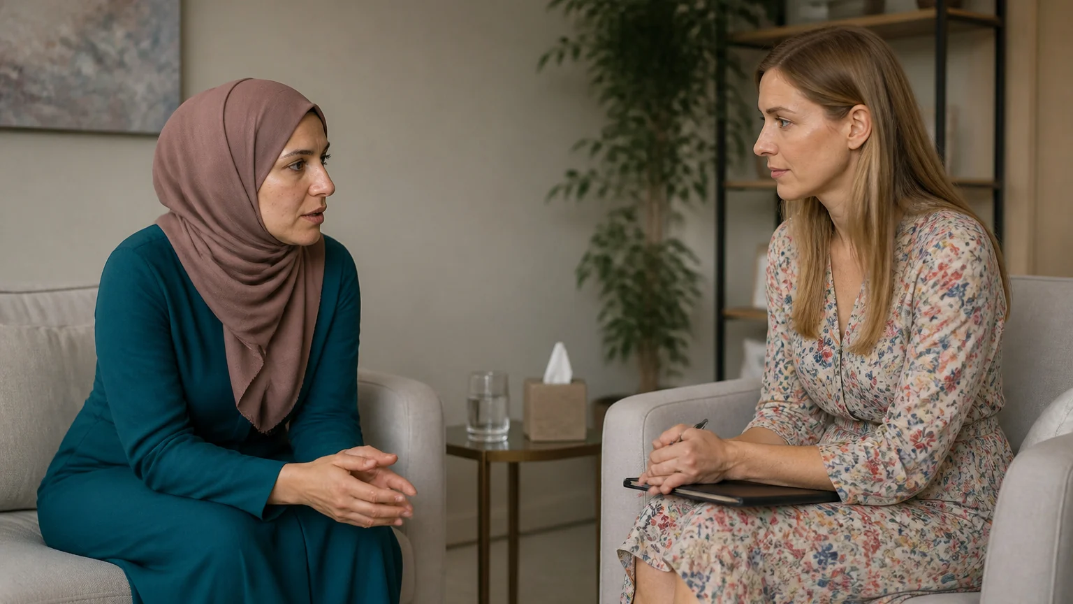 Psikiyatri uzmanını dinleyen kadın, psikiyatriste ne anlatmalı sorusu üzerine konuşuyor.