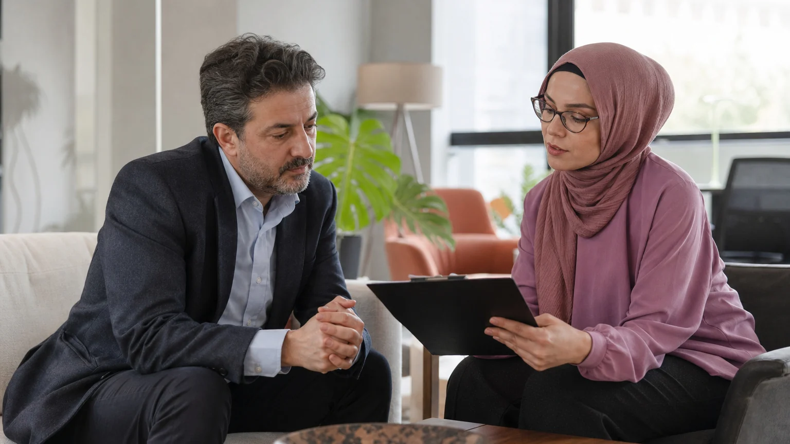 Modern ofiste dosya inceleyen adam, psikiyatri de ikinci görüş sürecini değerlendiriyor.
